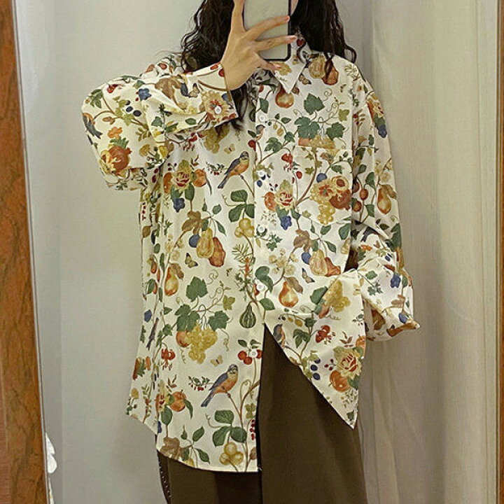楽天市場】柄シャツ ボタニカル柄 長袖シャツ オーバーサイズ 