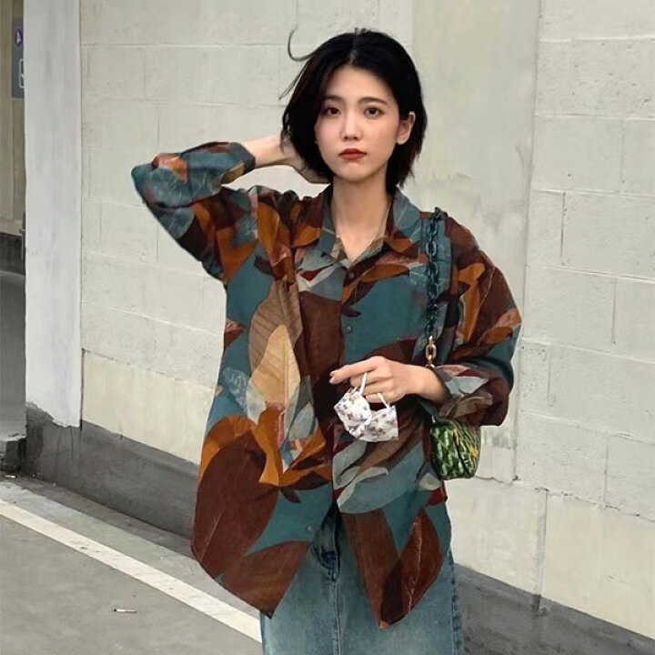 楽天市場】柄シャツ レトロカラー リーフ柄 落ち葉 枯れ葉 長袖シャツ 