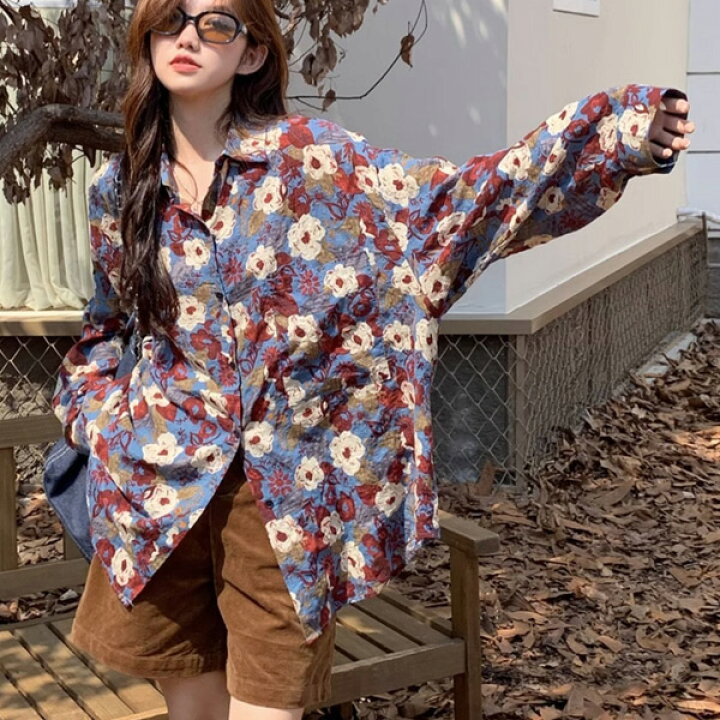 楽天市場】柄シャツ レトロ フラワー柄 ブルー 花柄 長袖シャツ  