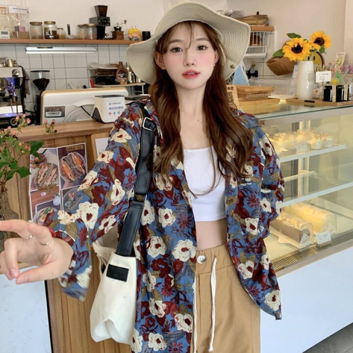 楽天市場】柄シャツ レトロ フラワー柄 ブルー 花柄 長袖シャツ 