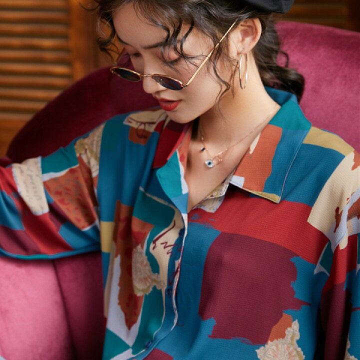 楽天市場】柄シャツ オープンカラーシャツ コラージュ風 レトロ アート 