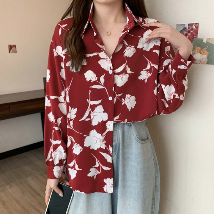 楽天市場】柄シャツ フラワー柄 レッド 赤色 花柄 レトロ 長袖シャツ  
