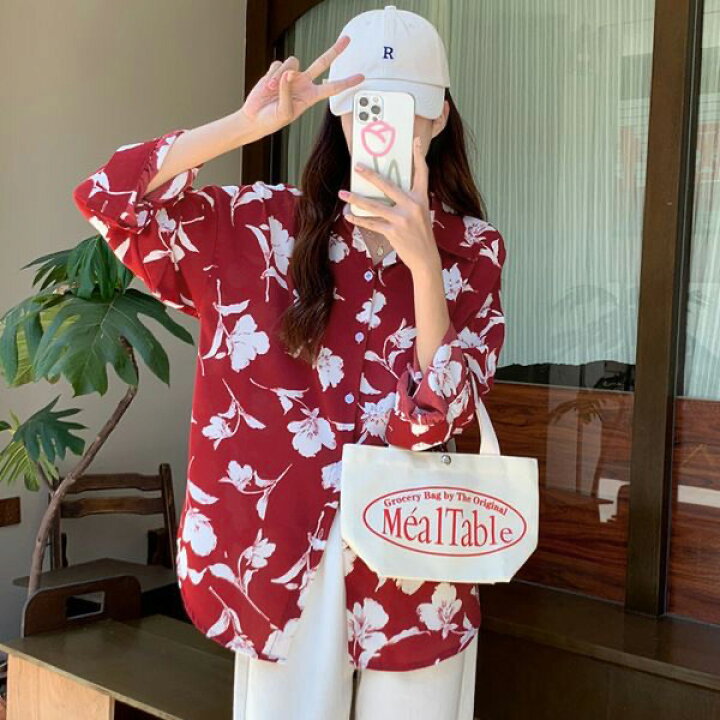 楽天市場】柄シャツ フラワー柄 レッド 赤色 花柄 レトロ 長袖シャツ 