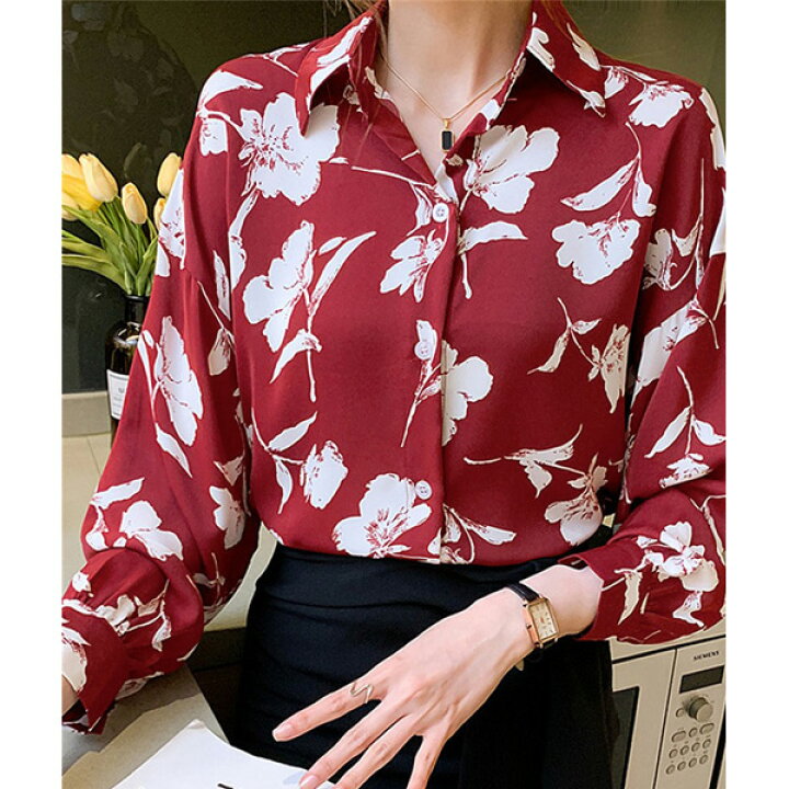 楽天市場】柄シャツ フラワー柄 レッド 赤色 花柄 レトロ 長袖シャツ 