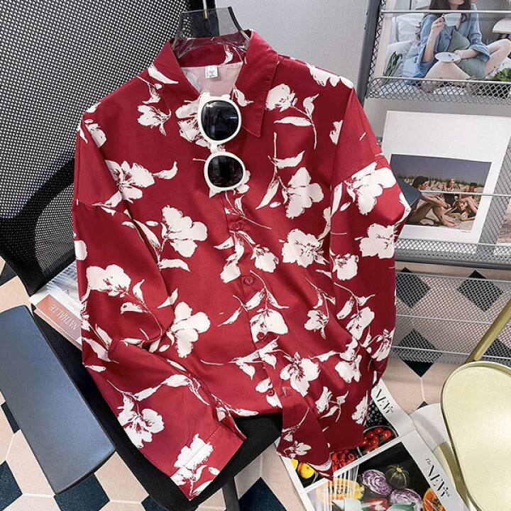 楽天市場】柄シャツ フラワー柄 レッド 赤色 花柄 レトロ 長袖シャツ 