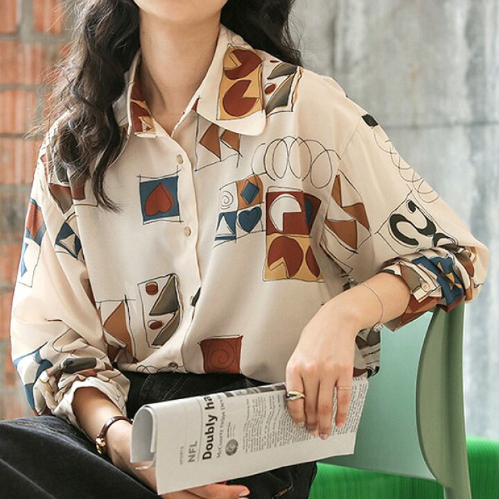 楽天市場】柄シャツ 幾何柄 アート 長袖シャツ レトロカラー 記号柄 