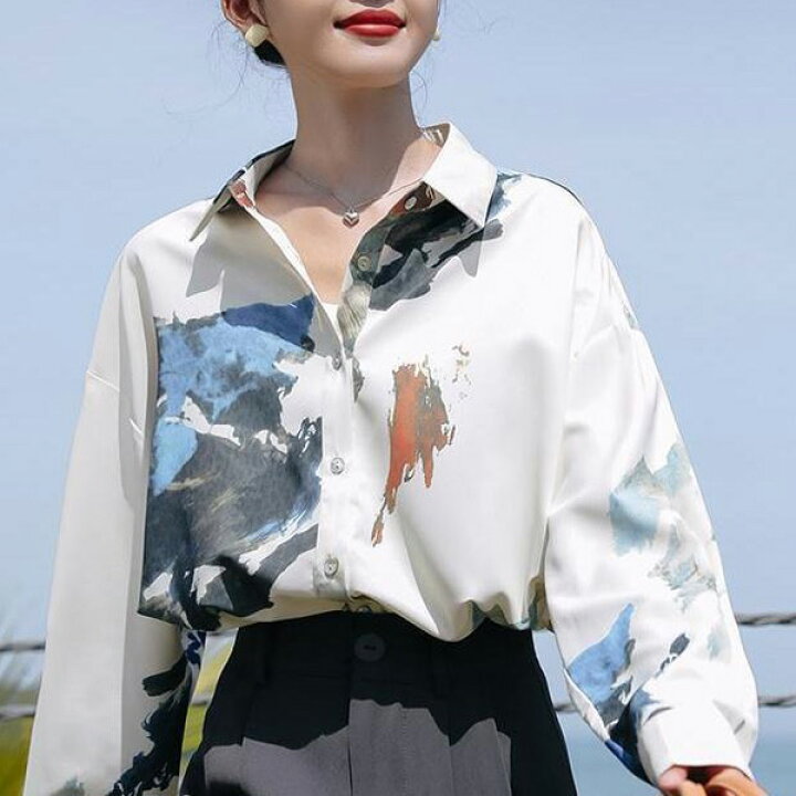 楽天市場】柄シャツ アースカラー アート 長袖シャツ オーバーサイズ 