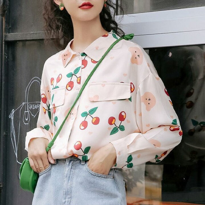 楽天市場】柄シャツ くま柄 チェリー柄 長袖 シャツ かわいい キッズ風 