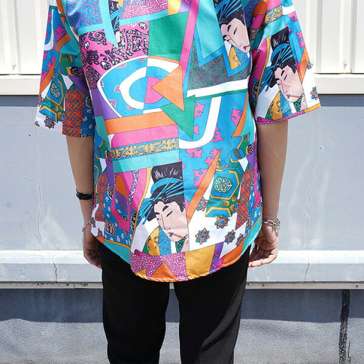 楽天市場 即納あり 柄シャツ シャツ メンズ レディース 半袖 五分袖 和柄 歌舞伎柄 パッチワーク風 カラフル 総柄 ダンス 衣装 ヒップホップ コスチューム 韓国ファッション ストリート系ファッション 大きいサイズ 個性的 ダンス衣装decorative