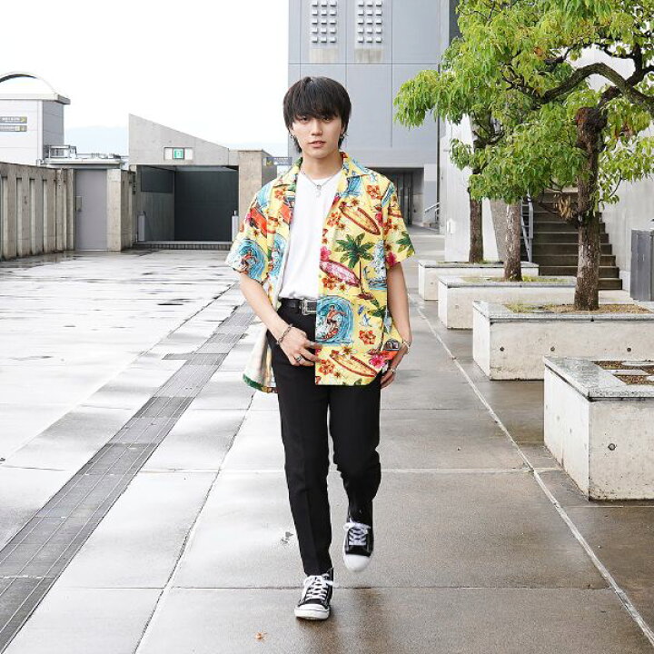 楽天市場 即納あり 柄シャツ アロハシャツ サーファー柄 イエロー オープンカラー 半袖 シャツ ダンス 衣装 ヒップホップ コスチューム 韓国ファッション 大きいサイズ 個性的 服 ダンス衣装decorative