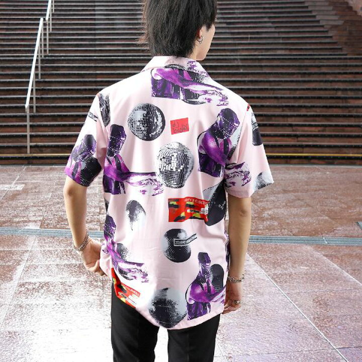 楽天市場 即納あり 柄シャツ ミラーボール ピンク 紫 ギラギラ オープンカラー 半袖 シャツ ダンス 衣装 ヒップホップ コスチューム 韓国ファッション 大きいサイズ 個性的 服 ダンス衣装decorative