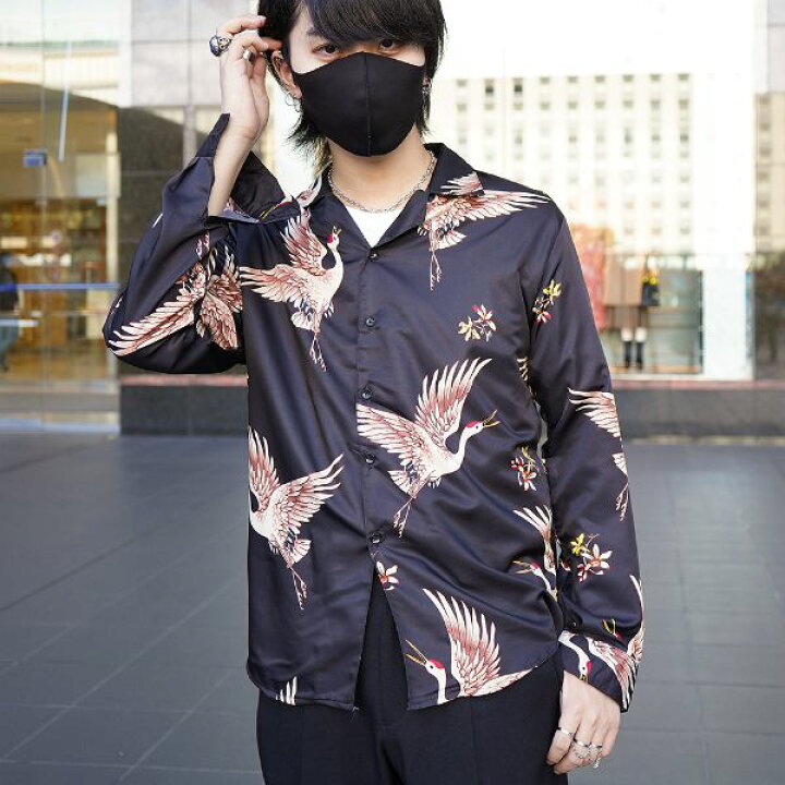 楽天市場】柄シャツ 鶴柄 サテンシャツ オープンカラー 黒 和柄 長袖 
