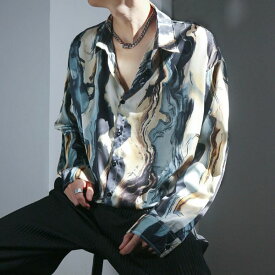 柄シャツ シャツ メンズ 長袖 おしゃれ オーバーサイズ 大きいサイズ ブルー グラデーション 波柄 アート シャツ ダンス 衣装 ヒップホップ コスチューム 韓国ファッション 大きいサイズ 個性的 奇抜 目立つ 服 セクシー 色気