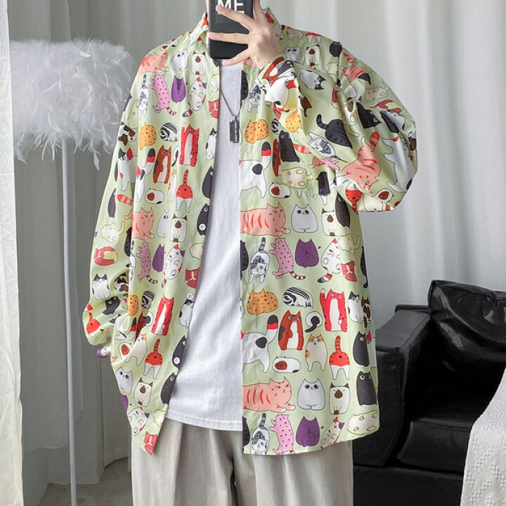 楽天市場】柄シャツ ネコ柄 長袖 レトロ 猫ちゃん 猫柄 春服 秋服 