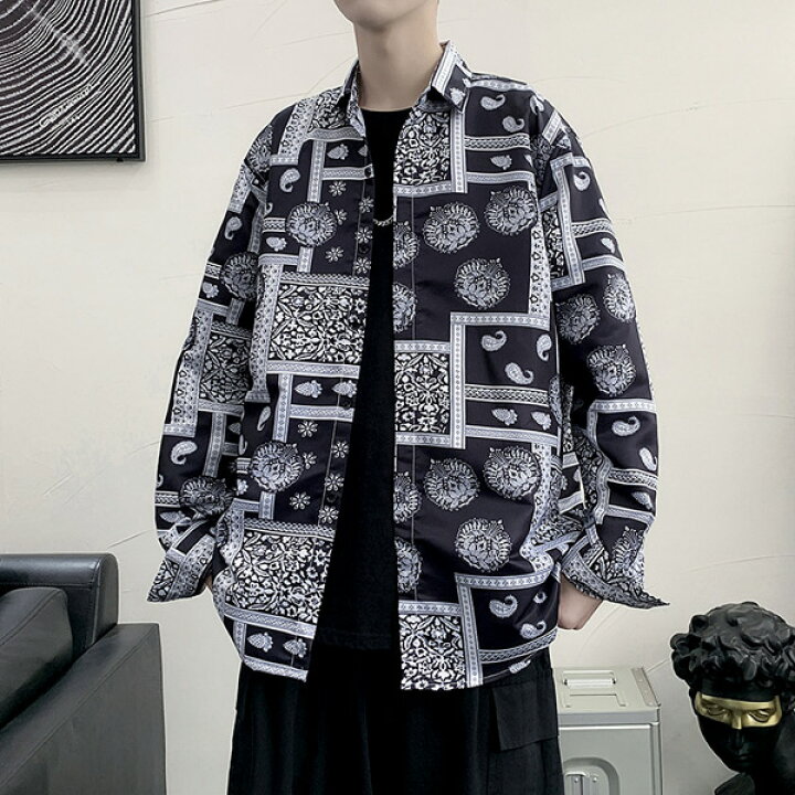 楽天市場】柄シャツ バンダナ柄 長袖 黒 ブラック ペイズリー柄 春服 