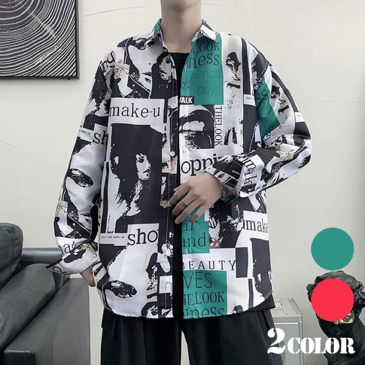 楽天市場】柄シャツ フォトコラージュ プリント テキスト ロゴ 長袖 白 