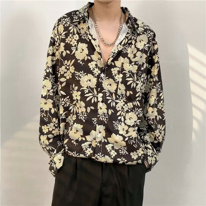 楽天市場】柄シャツ フラワー柄 ブラック×ベージュ 黒 花柄 長袖  