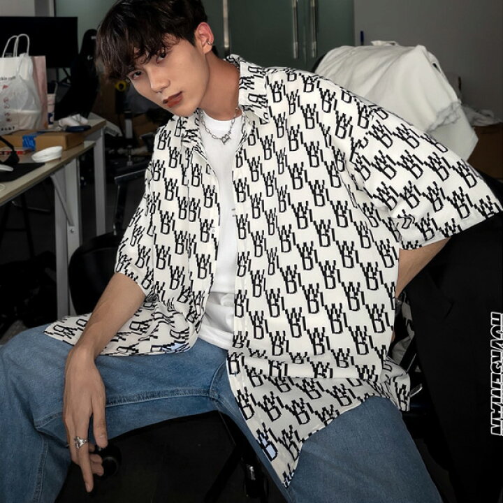 楽天市場】柄シャツ ロゴ柄 総柄 半袖 白 黒 モノトーン ダンス 衣装 