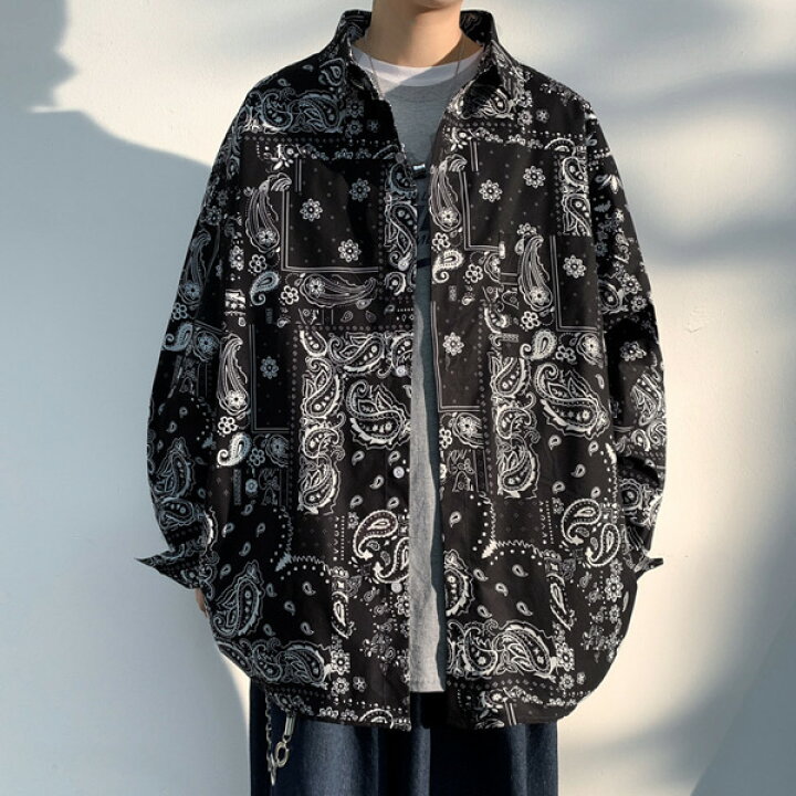 楽天市場】柄シャツ バンダナ柄 長袖 黒 ブラック ペイズリー柄 