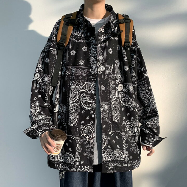 楽天市場】柄シャツ バンダナ柄 長袖 黒 ブラック ペイズリー柄 