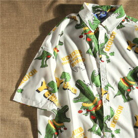 柄シャツ 恐竜柄 半袖 シャツ ダイナソー柄 POP イラスト 白 ダンス 衣装 ヒップホップ 韓国ファッション 大きいサイズ 個性的 夏 オーバーサイズ シャツ トップス