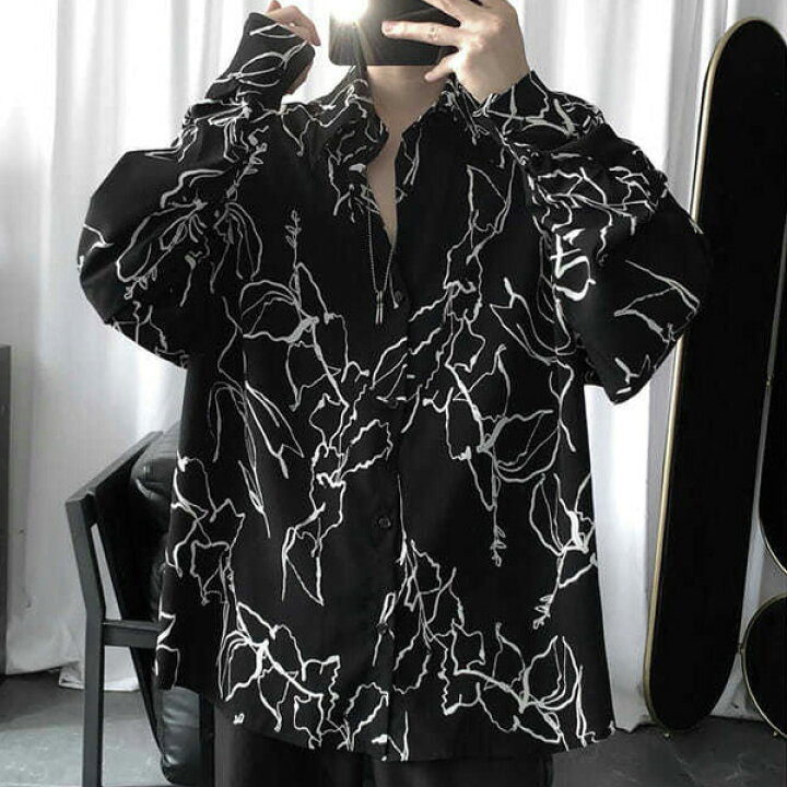 楽天市場】柄シャツ モノトーンアート サテンシャツ 長袖シャツ 黒 総 