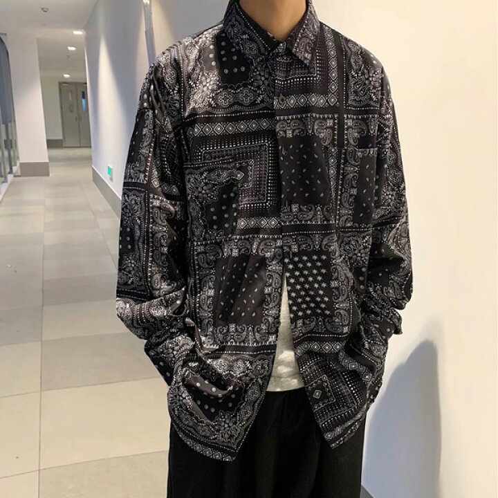 楽天市場】柄シャツ ペイズリー柄 バンダナ柄 長袖シャツ 黒 ブラック 