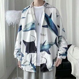柄シャツ シャーク柄 サメ柄 鮫柄 プリント 長袖 オーバーサイズ ダンス 衣装 ヒップホップ 韓国ファッション 大きいサイズ 個性的 春服 秋服 シャツ