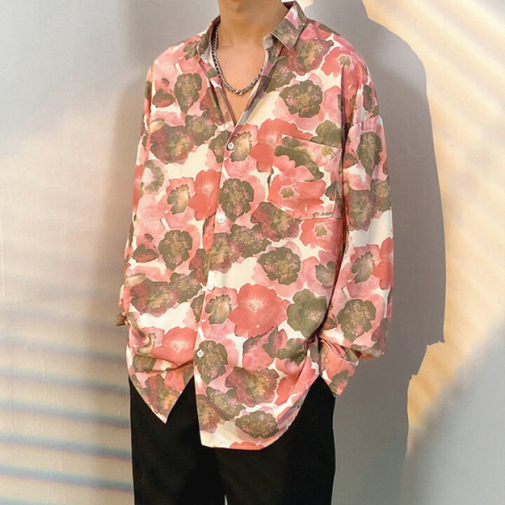 楽天市場】柄シャツ フラワー柄 ピンク 花柄 桃色 長袖 オーバーサイズ 