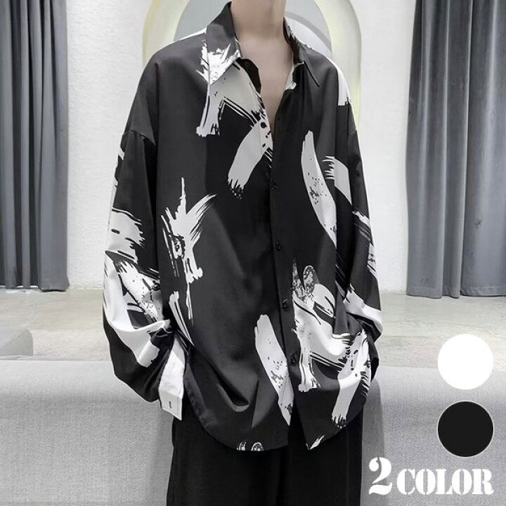 楽天市場】柄シャツ 筆絵 グラフィティ 和柄 墨 プリント 長袖シャツ