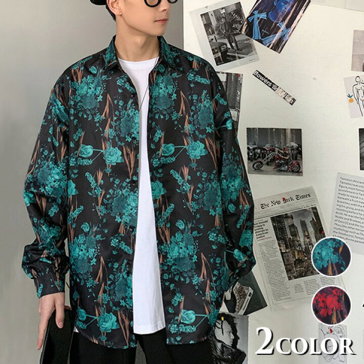 楽天市場】柄シャツ 花柄 ヴィンテージ風 フラワー柄 黒 ブラック 長袖  