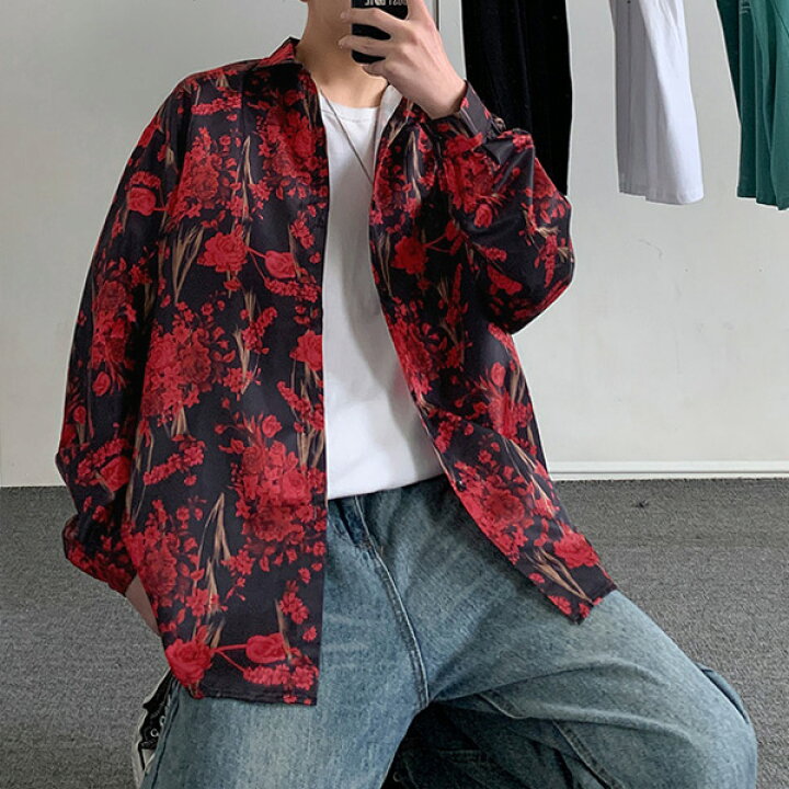 楽天市場】柄シャツ 花柄 ヴィンテージ風 フラワー柄 黒 ブラック 長袖 