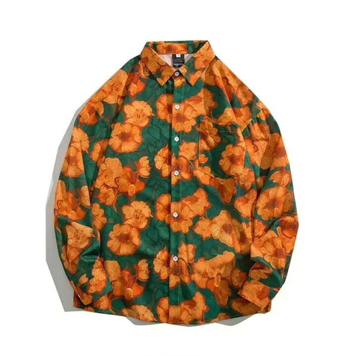 楽天市場】柄シャツ 花柄 花 フラワー オレンジ グリーン 油絵 絵画  