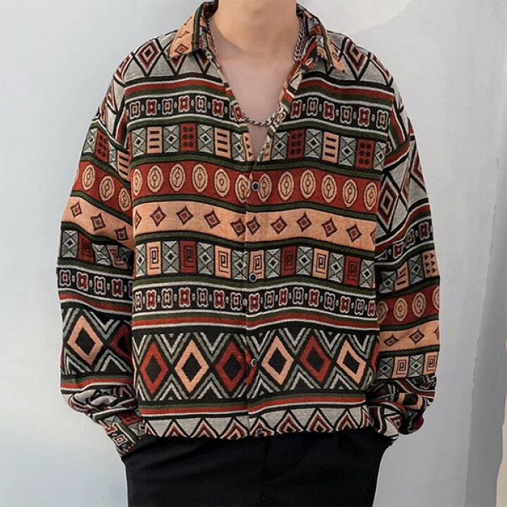 楽天市場】柄シャツ ジャカード ひし形 四角 図形 ボーダー ジオ 
