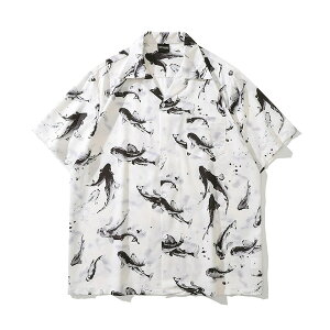 柄シャツ 鯉 コイ 魚柄 魚 動物 水墨画 モノクロ モノトーン 和風 和柄 白 黒 グレー 半袖 半袖シャツ オーバーサイズ 衣装 韓国 大きいサイズ 個性的 春服 夏服