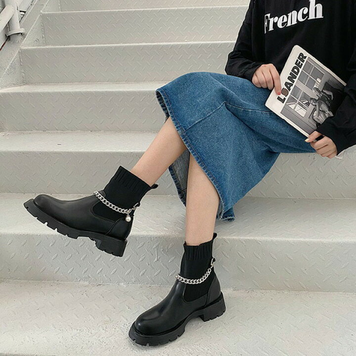 楽天市場 即納あり ショートブーツ ソックスブーツ チェーンデザイン トラックソール 厚底 エコレザー ブラック 靴 ダンス 衣装 コスチューム 韓国ファッション 大きいサイズ 個性的 服 ダンス衣装decorative