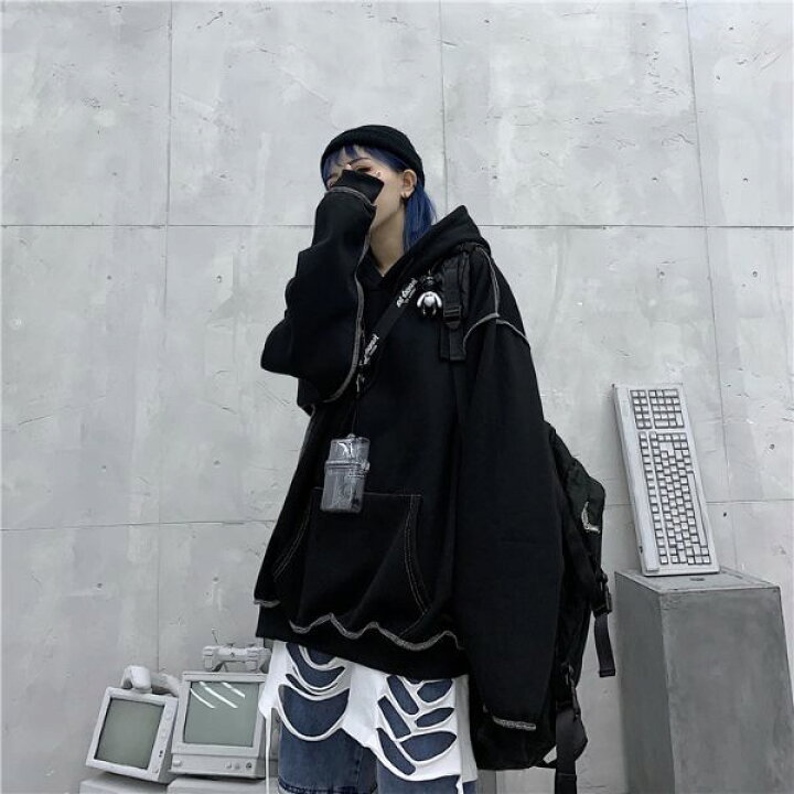 楽天市場 パーカー レディース ストリート系 フーディー 配色ステッチ ビッグシルエット 大きいサイズ ダンス 衣装 ヒップホップ 原宿系 韓国系 個性的 ダンス衣装decorative