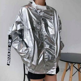 ウインドブレーカー シャカシャカ パープル シルバー 光沢感 レディース ファッション 大きいサイズ ダンス 衣装 ヒップホップ 原宿系 韓国系 個性的