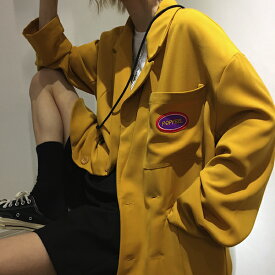 サマージャケット オーバーシルエット イエロー ワッペン レディース ファッション 大きいサイズ ダンス 衣装 ヒップホップ 原宿系 韓国系 個性的