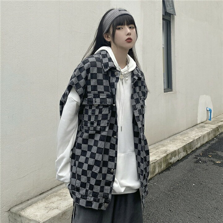 楽天市場 ボックスチェック デニム ノースリーブ ルーズ ジャケット ツーリング チョッキ 前開き ベスト 韓国系 ストリート系 ストリートファッション レディース ガールズ ダンス衣装decorative