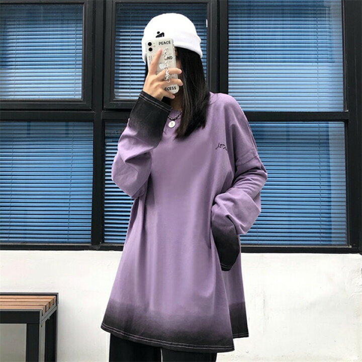 楽天市場】グラデーション 長袖 Tシャツ 絞り染め ルーズ ラウンド  