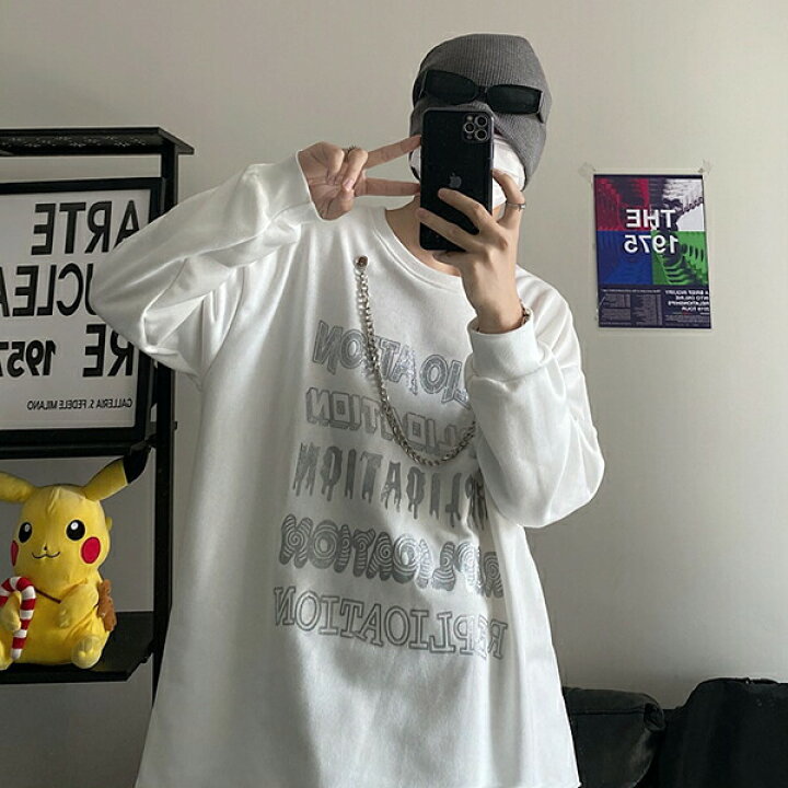 楽天市場】ダークカラー シルバー チェーン 長袖 Tシャツ レター 