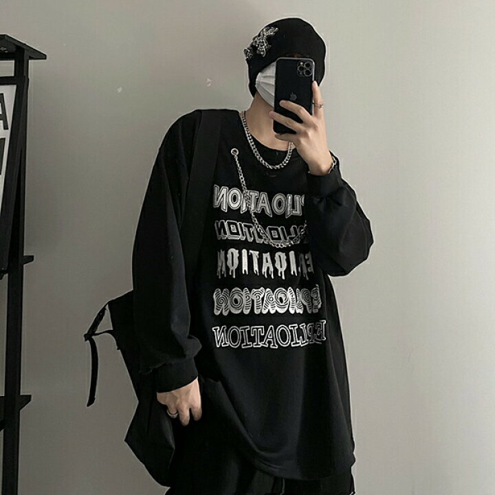 楽天市場 ダークカラー シルバー チェーン 長袖 Tシャツ レタープリント 韓国系 ストリート系 ストリートファッション レディース ガールズ ダンス衣装decorative