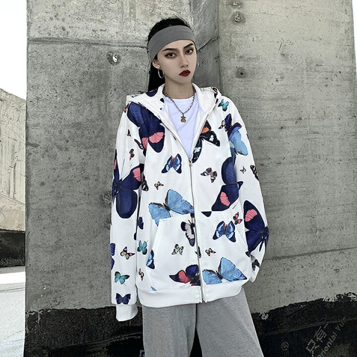 楽天市場 バタフライ プリント ルーズ パーカー ホワイト ユニセックス 韓国系 ストリート系 ストリートファッション レディース ガールズ ダンス衣装decorative