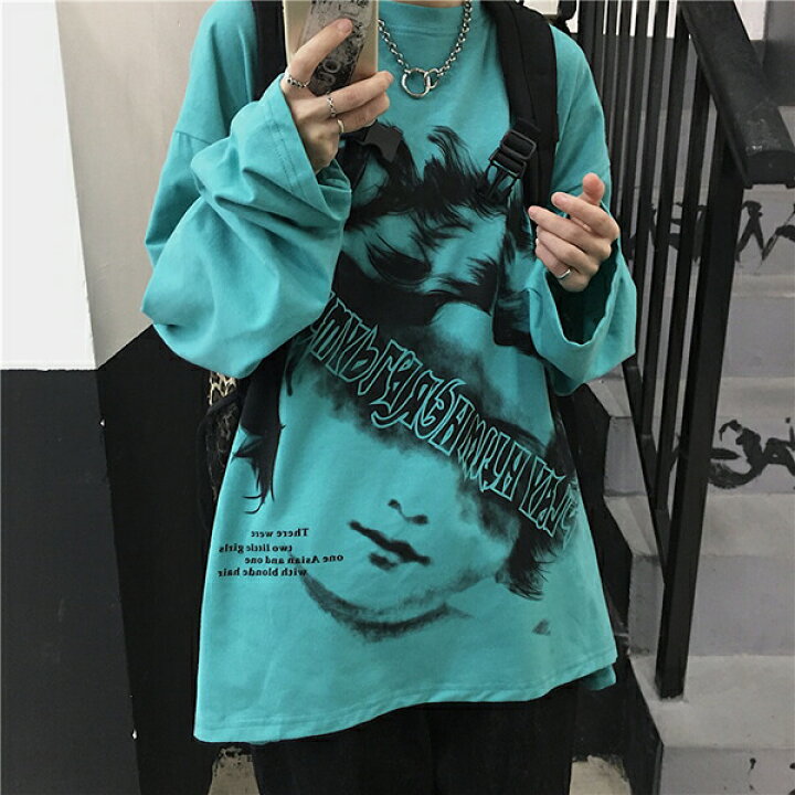 楽天市場 フェイスプリント ワイルド ルーズ 長袖 Tシャツ ラウンドネック ブラック ブルー 韓国系 ストリート系 ストリートファッション レディース ガールズ ダンス衣装decorative