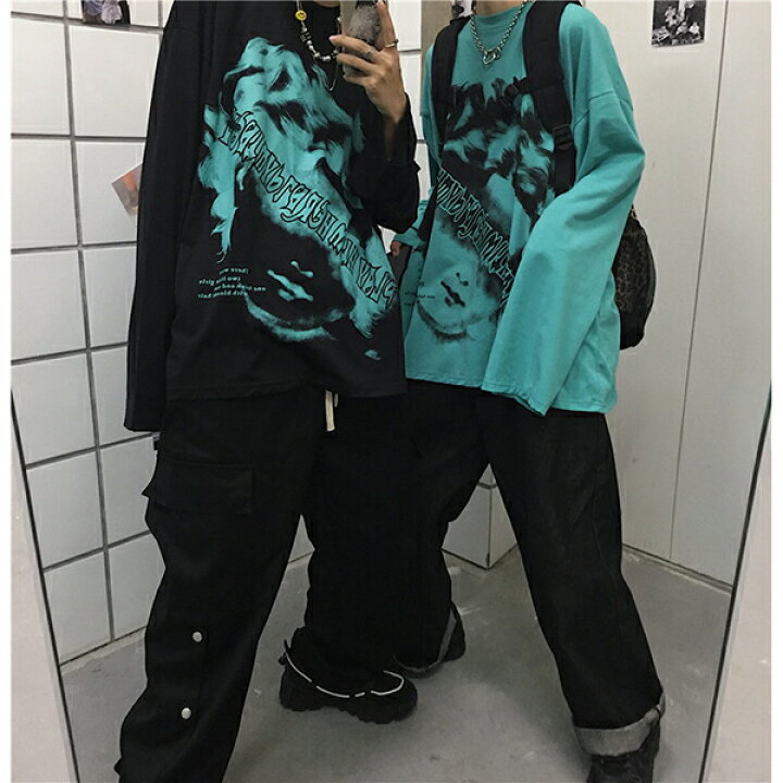 楽天市場 フェイスプリント ワイルド ルーズ 長袖 Tシャツ ラウンドネック ブラック ブルー 韓国系 ストリート系 ストリートファッション レディース ガールズ ダンス衣装decorative