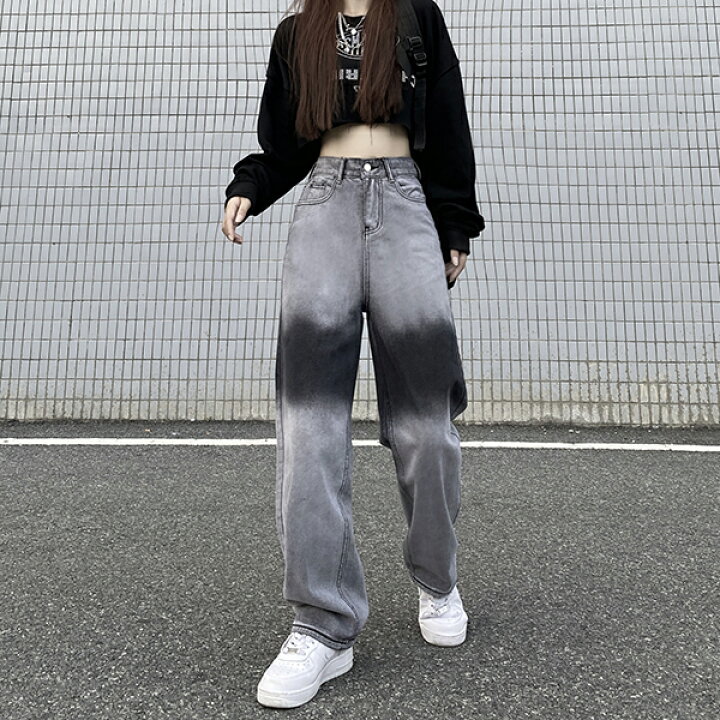楽天市場 グラデーション グレー デニム ジーパン ワイドレッグ ストレート パンツ 韓国系 ストリート系 ストリートファッション レディース ガールズ ダンス衣装decorative