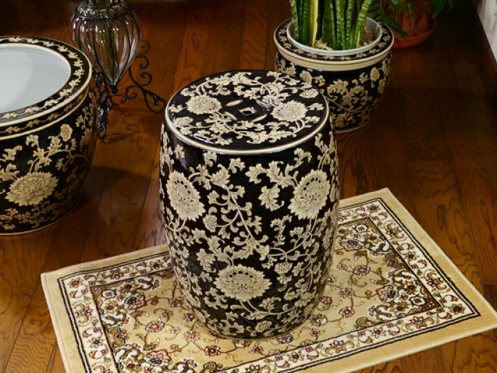 楽天市場】Black Ceramic Stool 黒陶器草花スツール 花台 椅子 置物 