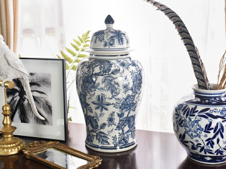 楽天市場】A&B HOME 青白陶器蓋付大壷 ブルーホワイトジャー 飾り壺 