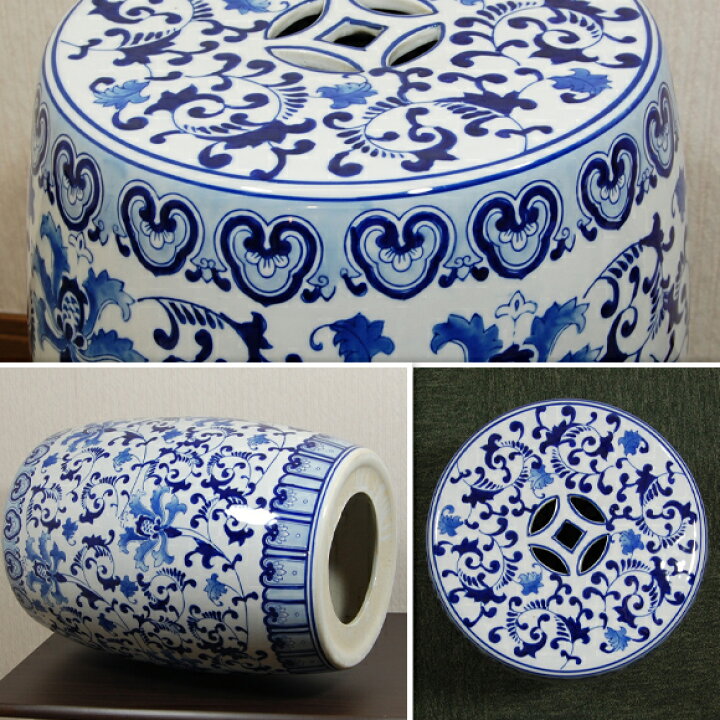 楽天市場】Blue & White Ceramic Stool 青白花陶器スツール 花台 椅子 